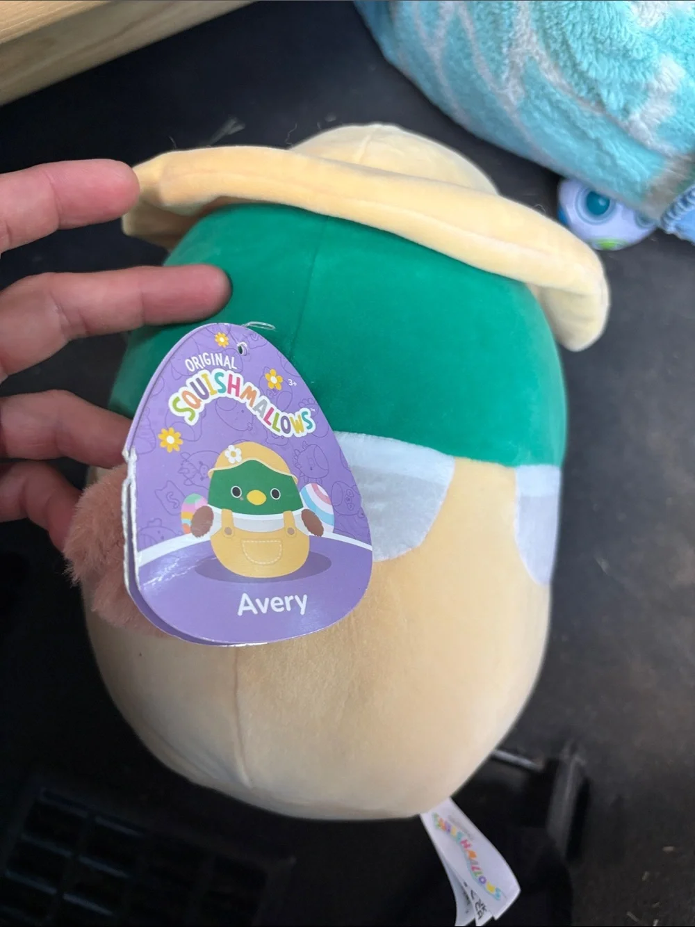 This is the Squishmallows Avery the Mallard Duck in Yellow Overalls plush